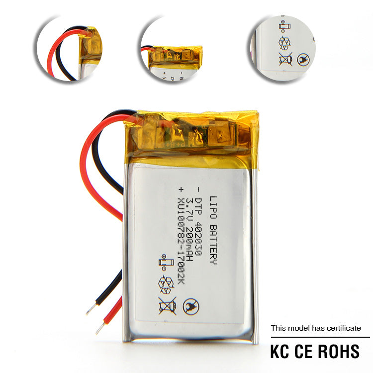 402030 200mAh with UN38.3, CB, KC62133, CE, RoHS | 3.7V LiPo Lithium Ion Battery