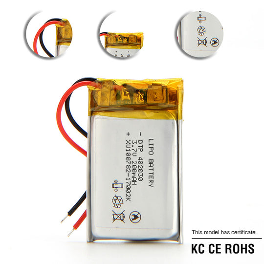 402030 200mAh with UN38.3, CB, KC62133, CE, RoHS | 3.7V LiPo Lithium Ion Battery