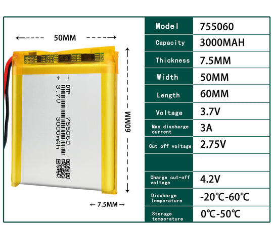 755060 3000mAh with KC62133 | 3.7V LiPo Lithium Ion Battery