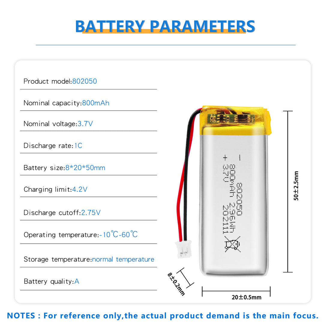 802050 800mAh 3.7V Lithium Ion Battery (A-grade cell）